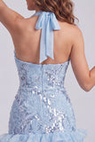 Robe courte de rentrée à la maison à col nu, bleu ciel, fleurs à volants, avec paillettes
