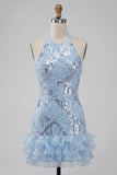 Robe courte de rentrée à la maison à col nu, bleu ciel, fleurs à volants, avec paillettes