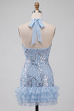 Robe courte de rentrée à la maison à col nu, bleu ciel, fleurs à volants, avec paillettes