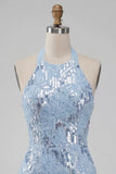 Robe courte de rentrée à la maison à col nu, bleu ciel, fleurs à volants, avec paillettes