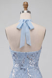 Robe courte de rentrée à la maison à col nu, bleu ciel, fleurs à volants, avec paillettes