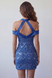 Robe courte de rentrée bleu bleu nu-nu, courte de rentrée à la maison avec paillettes.
