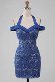 Robe courte de rentrée bleu bleu nu-nu, courte de rentrée à la maison avec paillettes.