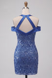Robe courte de rentrée bleu bleu nu-nu, courte de rentrée à la maison avec paillettes.