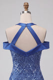 Robe courte de rentrée bleu bleu nu-nu, courte de rentrée à la maison avec paillettes.