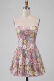 Robe courte de rentrée à la maison rose scintillante en forme de fleurs à étages avec paillettes