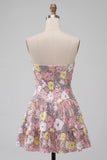 Robe courte de rentrée à la maison rose scintillante en forme de fleurs à étages avec paillettes