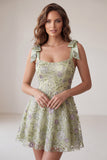 Robe courte de rentrée courte à la maison avec des brides épaisses en Sage Sage A-Line