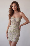 Sweetheart Dusty Sage Bodycon Corset fleural transparent Robe courte de rentrée à la maison avec perles