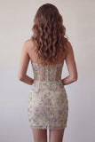 Sweetheart Dusty Sage Bodycon Corset fleural transparent Robe courte de rentrée à la maison avec perles