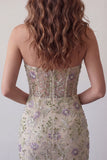 Sweetheart Dusty Sage Bodycon Corset fleural transparent Robe courte de rentrée à la maison avec perles