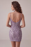 Robe courte de rentrée à la maison avec des bretelles courtes bodycon lilas