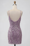 Robe courte de rentrée à la maison avec des bretelles courtes bodycon lilas