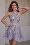 Robe courte de rentrée à col lilas à col lilas en ligne A avec perles