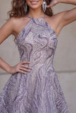 Robe courte de rentrée à col lilas à col lilas en ligne A avec perles