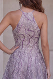 Robe courte de rentrée à col lilas à col lilas en ligne A avec perles