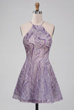Robe courte de rentrée à col lilas à col lilas en ligne A avec perles