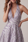 Robe courte de rentrée courte à col lilas lilas à col nu avec paillettes