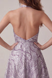 Robe courte de rentrée courte à col lilas lilas à col nu avec paillettes