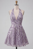 Robe courte de rentrée courte à col lilas lilas à col nu avec paillettes
