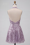 Robe courte de rentrée courte à col lilas lilas à col nu avec paillettes