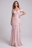Robe de cérémonie rose clair froncée, sirène à épaules dénudées avec volants