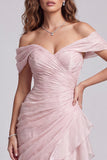 Robe de cérémonie rose clair froncée, sirène à épaules dénudées avec volants