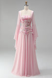 Robe de soirée longue rose clair en mousseline, ligne A, à col carré, à manches longues évasées, avec corset