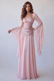 Manches évasées rose clair, corset à paillettes ligne A, longue robe de cérémonie