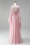 Robe de soirée longue rose clair en mousseline, ligne A, à col carré, à manches longues évasées, avec corset