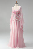 Robe de soirée longue rose clair en mousseline, ligne A, à col carré, à manches longues évasées, avec corset