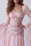 Manches évasées rose clair, corset à paillettes ligne A, longue robe de cérémonie