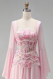 Robe de soirée longue rose clair en mousseline, ligne A, à col carré, à manches longues évasées, avec corset