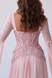 Manches évasées rose clair, corset à paillettes ligne A, longue robe de cérémonie