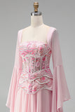 Robe de soirée longue rose clair en mousseline, ligne A, à col carré, à manches longues évasées, avec corset