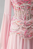Robe de soirée longue rose clair en mousseline, ligne A, à col carré, à manches longues évasées, avec corset