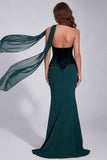 Robe de soirée vert foncé sirène à corset de perles, sans bretelles, avec foulard autour du cou