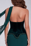 Robe de soirée vert foncé sirène à corset de perles, sans bretelles, avec foulard autour du cou