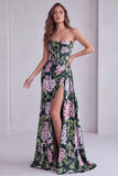 Robe de cérémonie florale sans bretelles vert foncé avec fente