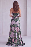 Robe de cérémonie florale sans bretelles vert foncé avec fente