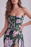 Robe de cérémonie florale sans bretelles vert foncé avec fente