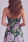 Robe de cérémonie florale sans bretelles vert foncé avec fente