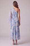 Robe de cérémonie froncée fourreau asymétrique bleu poussiéreux avec fleurs 3D