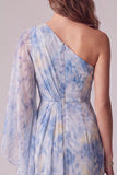 Robe de cérémonie froncée fourreau asymétrique bleu poussiéreux avec fleurs 3D