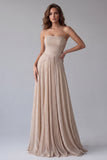 Robe longue de cérémonie champagne sans bretelles ligne A, froncée