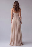 Robe longue de cérémonie champagne sans bretelles ligne A, froncée