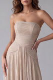 Robe longue de cérémonie champagne sans bretelles ligne A, froncée