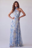 Robe longue de cérémonie bleue poussiéreux à une épaule, découpée à floral avec écharpe au col