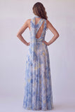 Robe longue de cérémonie bleue poussiéreux à une épaule, découpée à floral avec écharpe au col