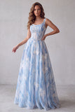 Corset floral à col carré bleu clair perlé, longue robe de cérémonie